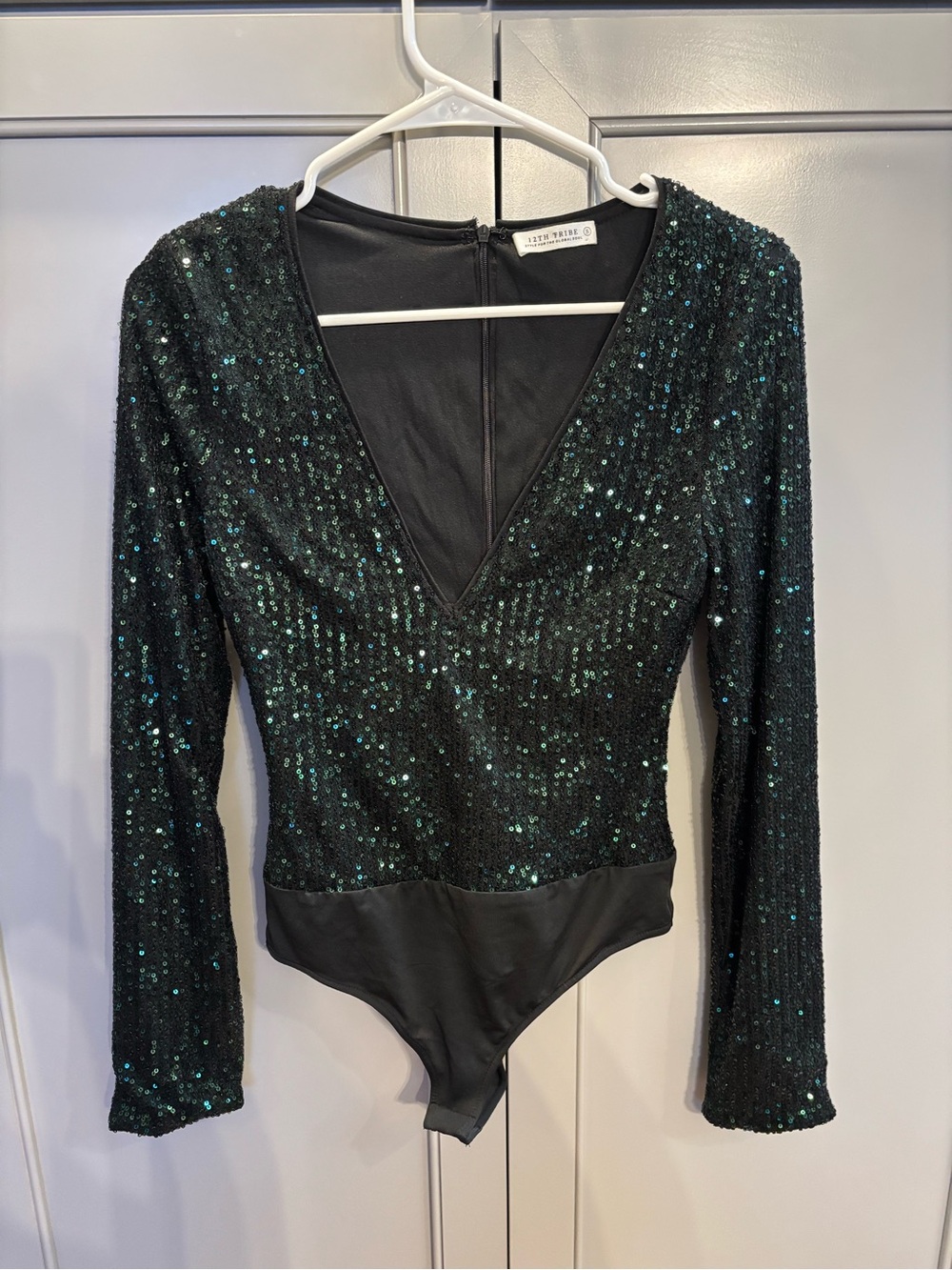 12th Tribe Green Sequin V-Neck Bodysuit S